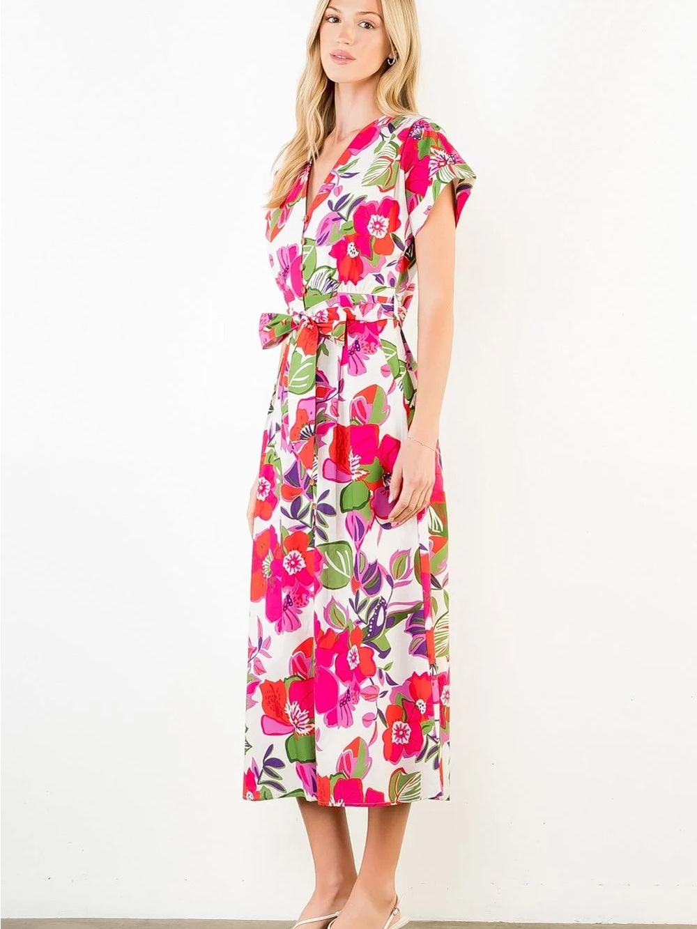THML Floral V-Neck Midi Dress Large Bright Tropical Button Front NWOT